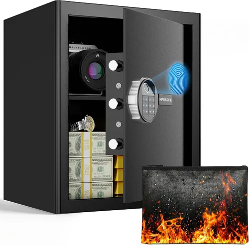 Caja de seguridad biométrica para el hogar, seguridad de huellas dactilares de 1.6 pies cúbicos con teclado digital, llaves de emergencia, respaldo