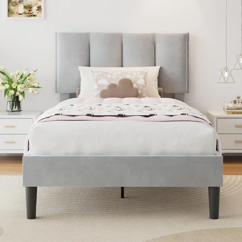 Miniatura 37 de VECELO - Base de cama tamaño individual con cabecera tapizada, plataforma con soporte de listones de madera de alta resistencia, no necesita somier