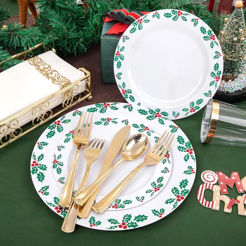 Miniatura 9 de FLOWERCAT Juego de 175 piezas de platos de Navidad y platos de bayas de acebo - Platos desechables de Navidad Incluyen 50 platos de plástico