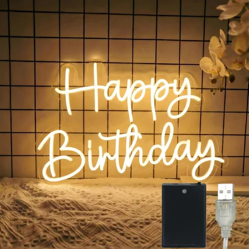 Letrero de neón de feliz cumpleaños, letrero de luz LED de 16 x 11.5 pulgadas con 4 modos de iluminación y 5 niveles de brillo, alimentado por