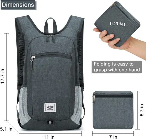 Miniatura 2 de Esup Mochila de senderismo ligera de 15 litros plegable pequeña mochila de viaje plegable mochila de campamento para mujeres y hombres (gris oscuro)