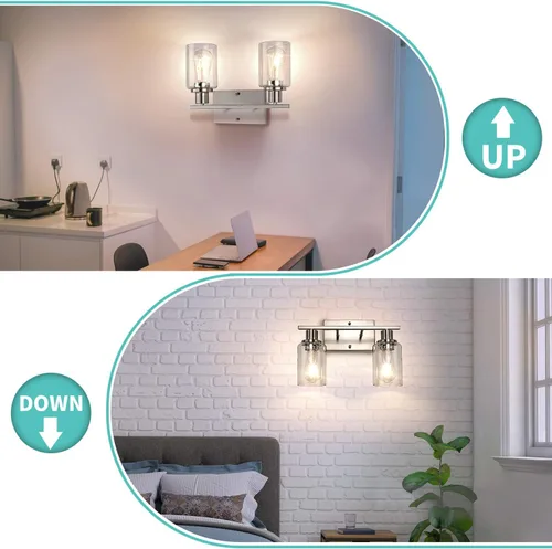 Miniatura 6 de ShineTech Lámparas de baño de 2 luces, modernas luces de tocador con pantalla de vidrio transparente, luz de tocador de baño de níquel cepillado
