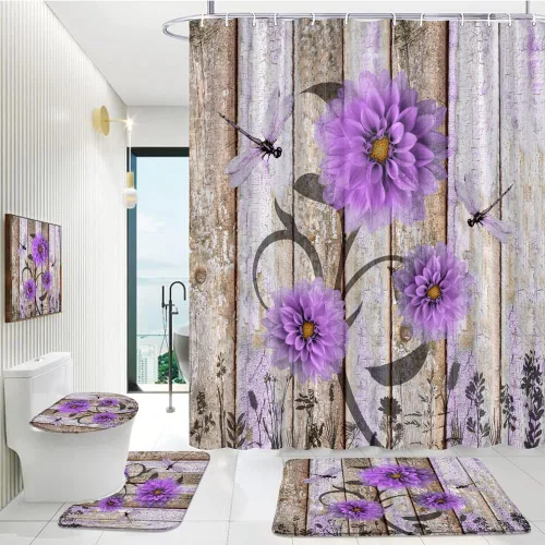 Miniatura 10 de 4Pcs Rustic Wooden Blue Dahlia Floral Flower Dragonfly Shower Curtain Set with Bath Mat Barnwood Old Garage Door American Country Farmhouse Decor