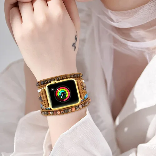 Miniatura 6 de Pulsera bohemia con cuentas compatible con correas de Apple Watch para mujer, hecha a mano con piedra natural, multicapa, correa bohemia con cuentas