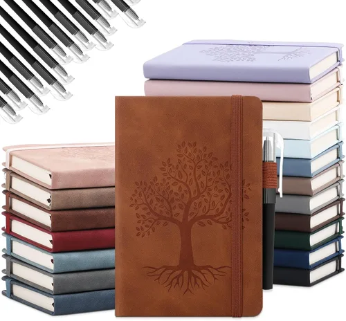 Estune Tree Cuadernos Pequeños de Cuero con Soporte para Bolígrafo, Cuadernos de Bolsillo de Tapa Dura, Cuadernos Temáticos Bonitos con Rayas de