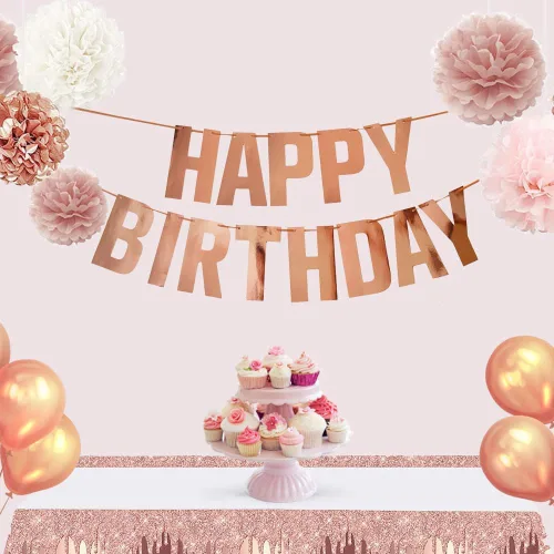 Miniatura 3 de Cartel de feliz cumpleaños de oro rosa, guirnalda de letrero de feliz cumpleaños, decoración de fiesta de cumpleaños de oro rosa metálico