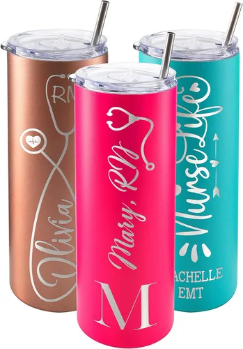 Miniatura 8 de Regalos de enfermera para mujeres, vaso personalizado para enfermera con nombre y especialidad, 20 onzas flacas, blanco, 8 diseños, con cepillo