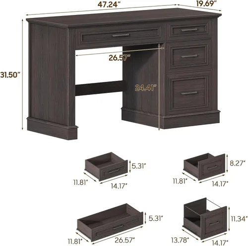 Miniatura 2 de Escritorio para computadora de granja de 47.2 pulgadas con cajón de archivos ajustable, 3 cajones, escritorio ejecutivo reversible con soporte
