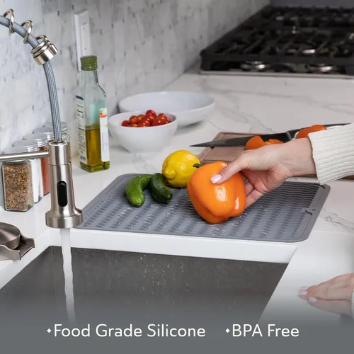 Miniatura 4 de Oizeir Tapete de silicona para secar platos, agujero de drenaje, antideslizante, resistente al calor, plegable. Ideal para platos, fregadero de Gris