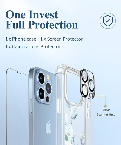 Miniatura 7 de GVIEWIN Funda diseñada para iPhone 13 Pro Case de 6.1 pulgadas, con protector de pantalla de vidrio templado + protector de lente de cámara, flor