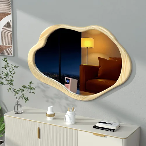Miniatura 11 de Espejo de pared irregular de 42 x 28 pulgadas, espejo de pared con marco negro de madera, espejo de pared asimétrico ondulado para sala de estar