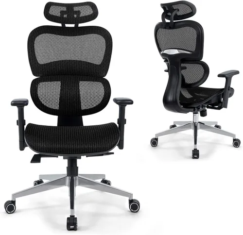 Miniatura 12 de CAPHAUS Silla de oficina ergonómica abatible, silla de escritorio acolchada de malla transpirable, soporte lumbar, silla giratoria con ruedas, Blanco