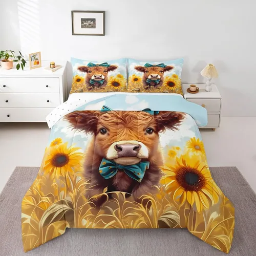 Miniatura 24 de Erosebridal Highland Cow - Juego de edredón tamaño matrimonial, juego de ropa de cama de toro de cuerno largo occidental para niños y adultos, Verde