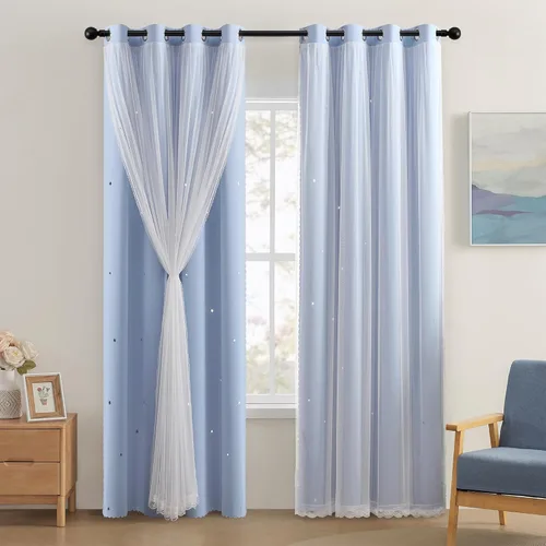 Miniatura 48 de XiDi Cortinas opacas con estrellas para habitaciones de niños, cortinas verdes para ventana de dormitorio de niños, azul y gris, 52 pulgadas de Azul
