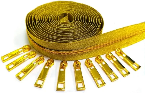 Miniatura 10 de Cremallera por Yarda 5# - Bobina Metálica de Nailon para Coser, Tapicería Plateada de 5 Yardas con 10 Tiradores de Oro Blanco para Manualidades