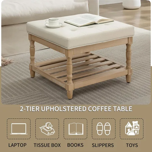 Miniatura 6 de UEV Juego de 3 mesas de café otomanas, juego de mesa de madera para sala de estar, incluye 2 mesas auxiliares tapizadas, mesita de noche, patas