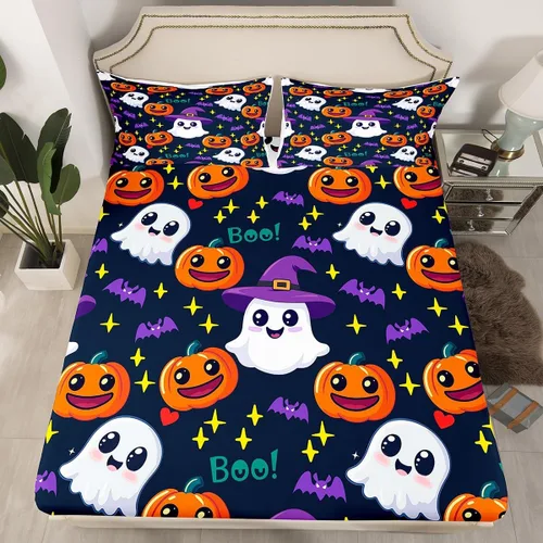 Miniatura 12 de Juego de ropa de cama de Halloween con patrón de sombras kawaii, sábana bajera tamaño queen, decoraciones de calabaza, luces de calabaza góticas
