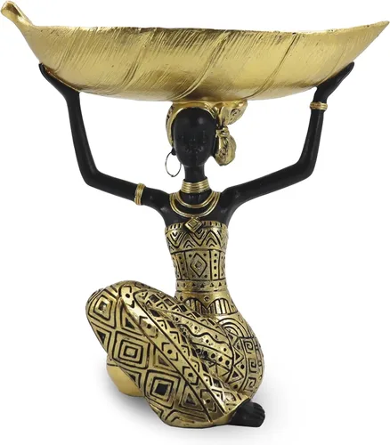 Lescafita Escultura de mujer africana con cuenco de hoja de oro, figura de resina hecha a mano, estatua de arte tribal exótico para sala de estar,