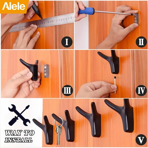 Miniatura 6 de Alele 2 ganchos de cuerno negros montados en la pared, ganchos de doble pared de metal resistente para colgar abrigos, toallas, sombreros, etc.