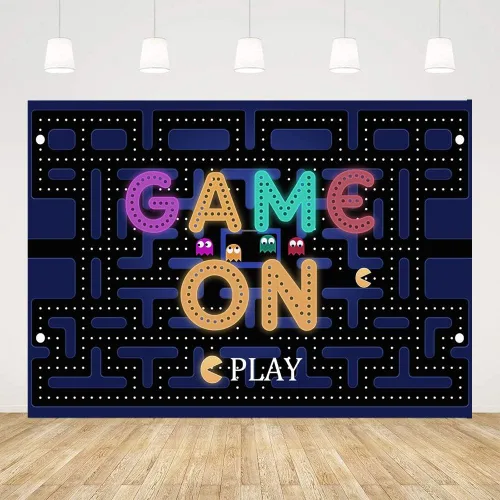 Miniatura 9 de Ticuenicoa Fondo de juego en laberinto de 5 x 3 pies, decoraciones de fiesta de videojuegos y suministros de fiesta de juegos, luces coloridas