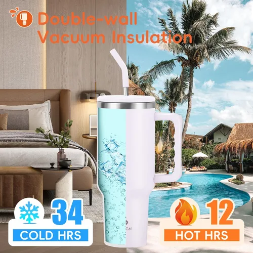 Miniatura 2 de VUSIGN Vaso de 40 onzas con asa y tapa con pajita, vaso de acero inoxidable con aislamiento al vacío, taza de viaje, botella de agua para agua, té