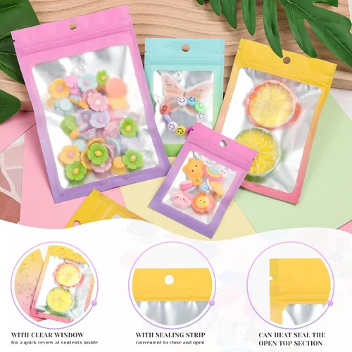 Miniatura 36 de 120 bolsas de tereftalato de polietileno a prueba de olores, bolsa de embalaje holográfica resellable con ventana transparente para alimentos