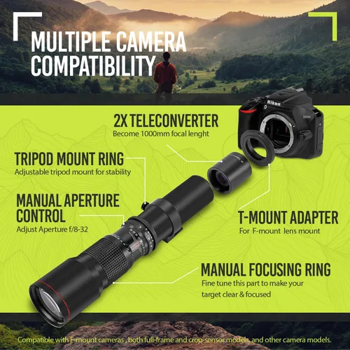 Miniatura 7 de Objetivo telefoto manual de 500mm/1000mm f/8 de alta potencia para Nikon D500, D600, D610, D700, D750, D800, D810, D850, D3100, D3200, D3300, D3400