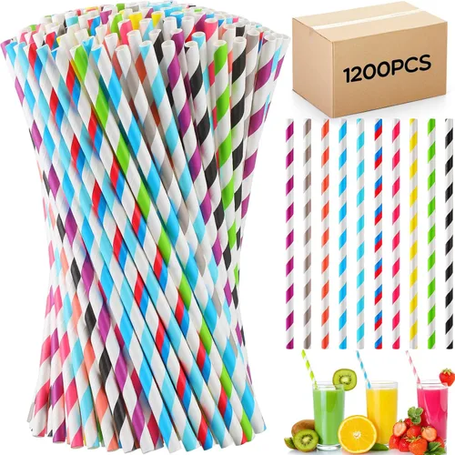 Miniatura 9 de Eaasty 1200 Pcs Biodegradable Colored Paper Straws Bulk Disposable Striped Assorted Colors Drinking Paper Straws for Summer Juice, Shakes