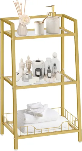 Miniatura 9 de HOOBRO Soporte de estante de vidrio dorado, unidad de estante de pie de 3 niveles, organizador y almacenamiento de baño, estantes de almacenamiento
