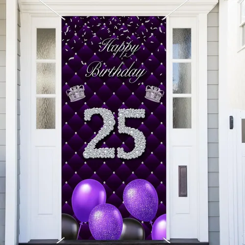 Miniatura 12 de Cartel morado de feliz primer cumpleaños telón de fondo para cabina de fotos, globos de corona plateada, decoración temática para niña, aniversario