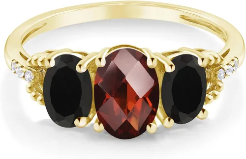 Miniatura 2 de Gem Stone King Anillo de compromiso ovalado de oro amarillo de 10 quilates, granate rojo, ónix negro y diamante para mujer