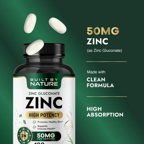 Miniatura 3 de Built By Nature Zinc 50 mg – Gluconato de zinc para un apoyo inmune y antioxidante altamente absorbible – Promueve la salud de la piel, los ojos