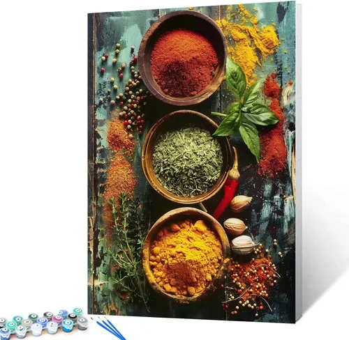 Variedad de especias y hierbas, kits de pintura por números con pinceles, condimentos de cocina, pintura al óleo acrílica para adultos y niños,