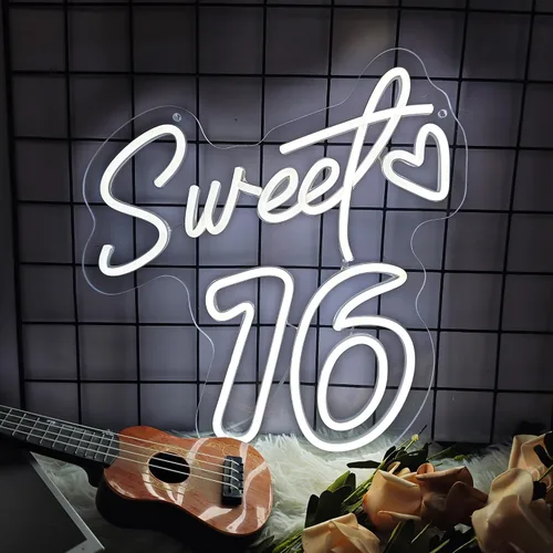 Miniatura 2 de Decoraciones de neón para fiestas de 16 años con texto en inglés «Sweet 16», decoración de cumpleaños para niñas, brillo vibrante para fiestas