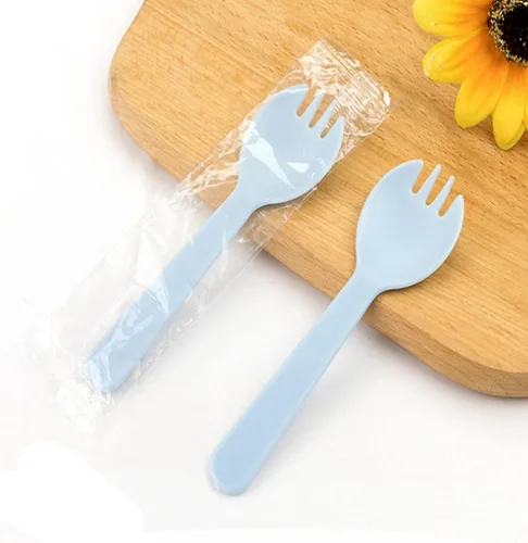 Miniatura 10 de 100 tenedores desechables de plástico duradero y ecológicos, tenedores y cucharas 2 en 1, ideales para almuerzo, picnic o restaurante y suministros