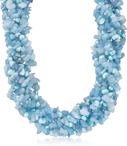 Ross-Simons Collar Torsade de perlas cultivadas azules de 0.197-0.236 in y 850.00 ct. t. w de cuentas de aguamarina con plata de ley. 17.7 in, Gema,