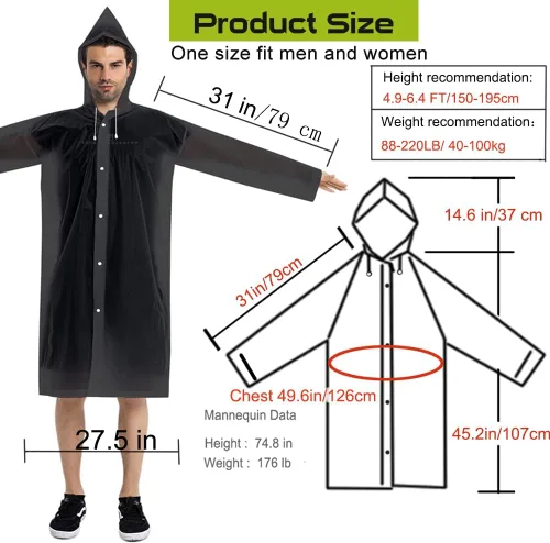 Miniatura 30 de Abrigos de lluvia (paquete de 2) – Ponchos de lluvia reutilizables de EVA para adultos, chaquetas impermeables para hombres y mujeres
