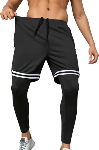 Miniatura 3 de SILKWORLD Pantalones de correr 2 en 1 para hombre, pantalones deportivos de compresión, leggings de entrenamiento con bolsillos con cremallera
