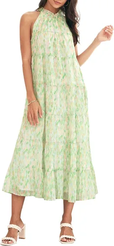 HAEOF Women's 2023 Summer Maxi Dress Casual Floral Tiered Flowy Long Sundress Halter Sleeveless Boho Beach Dresses
