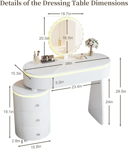 Miniatura 6 de KDCAS Escritorio redondo de maquillaje con espejo y luces, escritorio moderno de piel sintética con gabinete lateral reversible, mesa de tocador