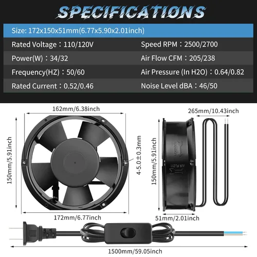 Miniatura 5 de Ventilador axial de alta velocidad para muffins de 6.772 in x 5.906 in x 2.008 in con interruptor de 110 V 120 V para proyectos de escape