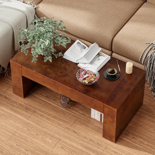 Miniatura 7 de COZAYH Modern Burl Finish Coffee Table, Wood Block Center Table with Thick Legs, Minimalist Rectangular Cocktail Table for Living Room, Dark Brown