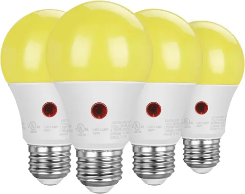 DEWENWILS Bombilla LED A19 para exteriores del anochecer al amanecer, bombillas amarillas para exteriores, brillo ámbar de 2000 K, equivalente a 9 W