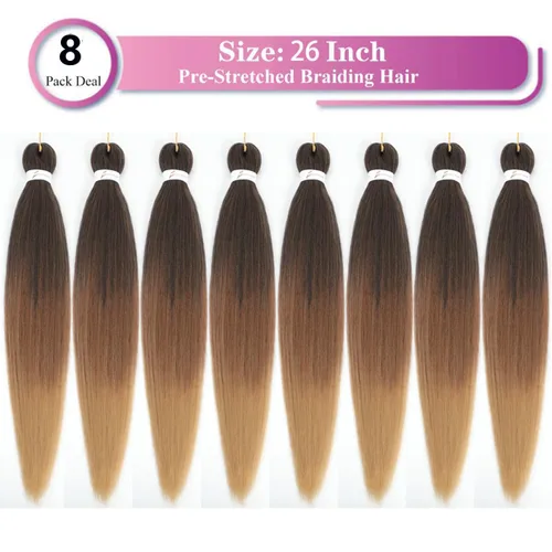 Miniatura 2 de Cabello Trenzado Ombré Pre-Estirado 26 Pulgadas Ombré Marrón 8 Paquetes/Lote Trenza Fijación con Agua Caliente Cabello Sintético Profesional