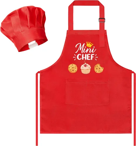 Miniatura 18 de R HORSE Juego de delantal y sombrero de chef para niños, 2 piezas, mini parrilla ajustable, delantal de cocina para niños, juego de rol, juguete