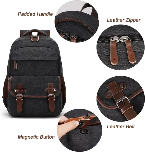 Miniatura 4 de Mochila de lona para laptop con puerto de carga USB, mochila vintage para hombres y mujeres, mochila negra de viaje para trabajo, mochila Negro