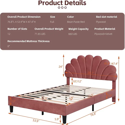 Miniatura 2 de DEINPPA Base de cama tapizada tamaño matrimonial con cabecera ajustable de flores elegantes, cama de plataforma de terciopelo con soporte