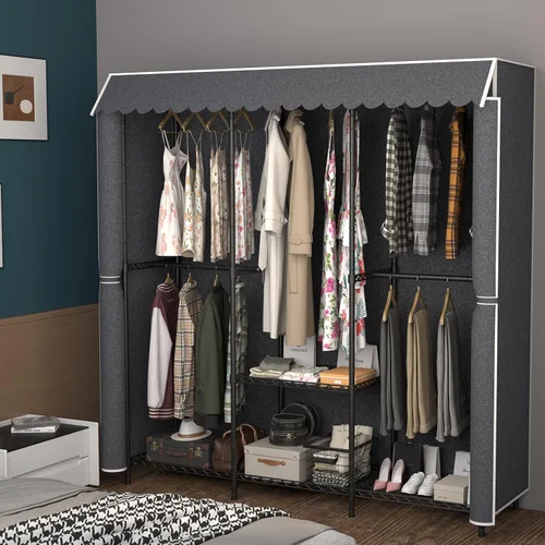 Miniatura 6 de Armario portátil resistente de 68 pulgadas con tapa, gran perchero de almacenamiento para colgar ropa, armario de metal, estantes de ropa