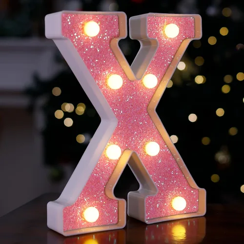 Miniatura 32 de Letras con luces LED, letras de marquesina con brillantina rosa, letras del alfabeto, letreros iluminados por pilas, para decoración de fiestas