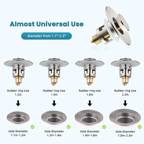 Miniatura 2 de Tapón universal 2 en 1 para lavabo de baño, colador emergente totalmente metálico con cesta de filtro antiobstrucción, para orificios de drenaje